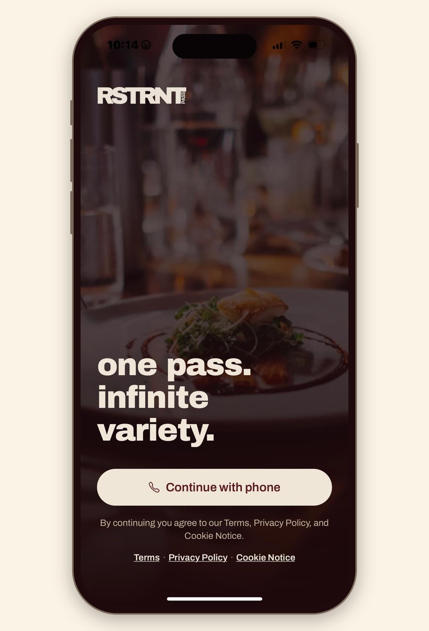 The member app open on a phone, showing the welcome screen and continue with phone